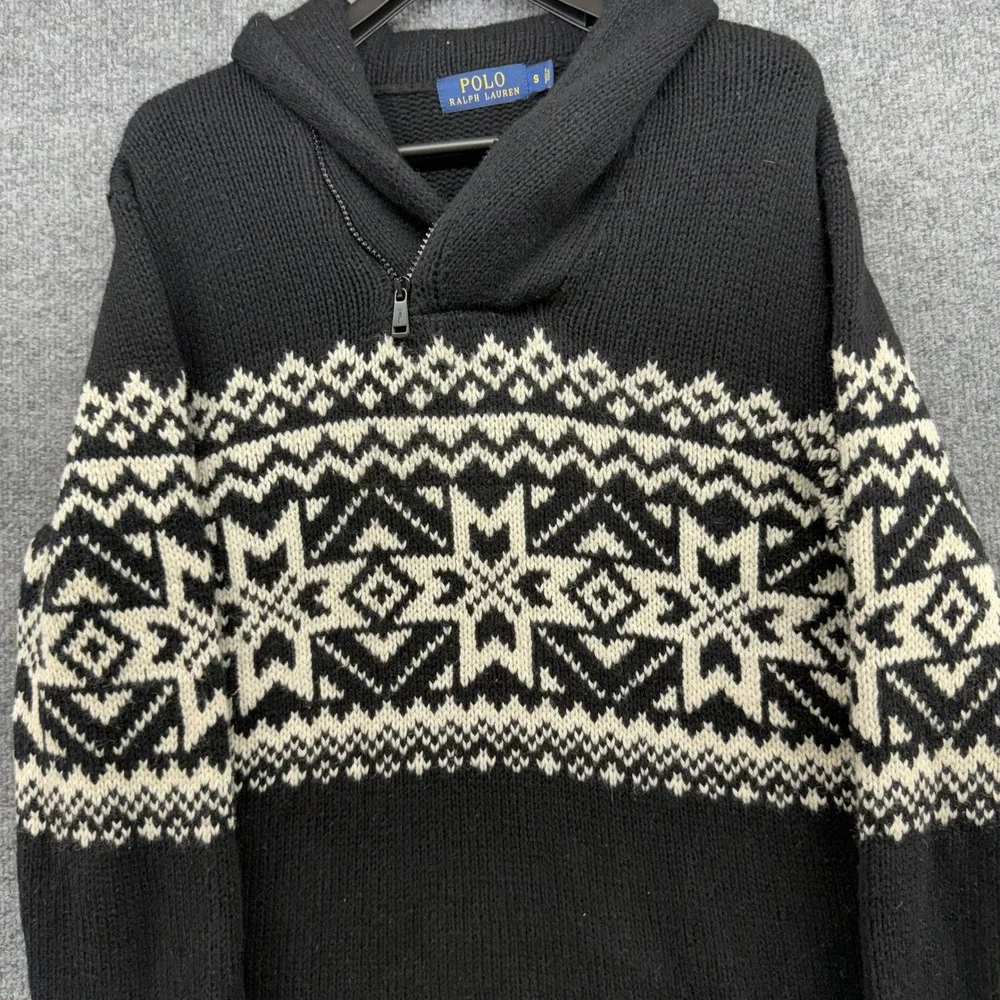 Polo Ralph‎ Lauren Mens Fair Isle Hoodie Black Cashmere Angora Sweater Small